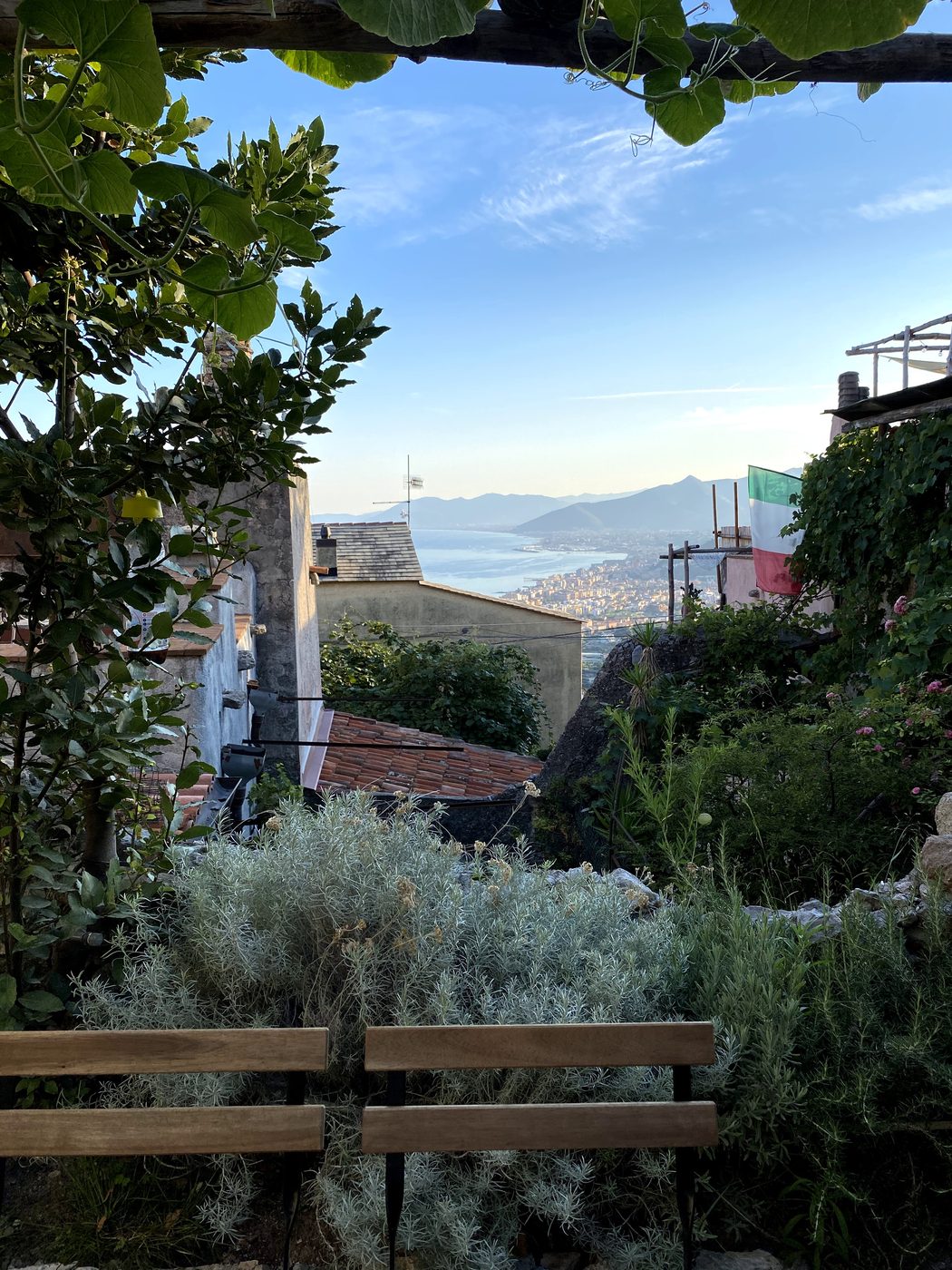 View from the garden of Ca' Remurin over Verezzi's rooftops down to the Riviera Ligure di Ponente coastline and sea